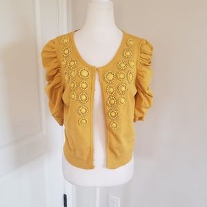 INC mustard yellow puff sleeve beaded cardigan sweater